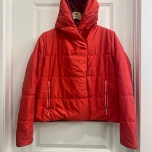 Stio East Butte Insulated Red Puffer Jacket with High Collar and Hood
